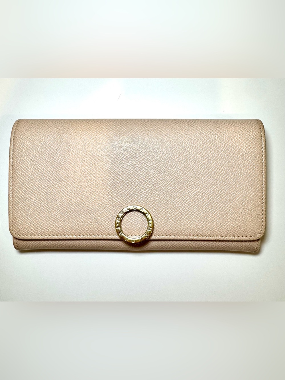 Bvlgari Neutral Beige Pink Leather Bifold Long Wallet/Clutch/WOC W Gold Accent